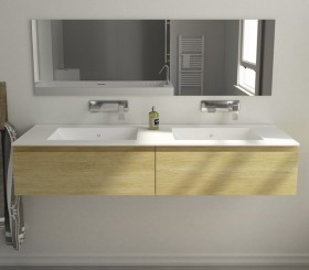 Corian® design double basin with oak wood vanity unit - 2 Drawers aligned