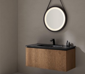 Suspended furniture in natural oak with 3D effect + porcelain sink with marble effect