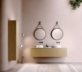 Wall-hung oak cabinet with 3D effect | 2 Drawers + 2 Interiors