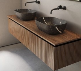 3D effect oak cabinet | 2 drawers + 2 basins